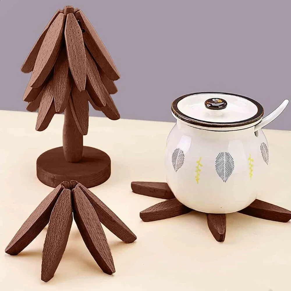 Wooden Cup Coaster Set，Tree Shape Trivet Set,Tree Coasters- 4 Wooden Trivets + 1